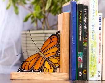Monarch butterfly Stained Glass Bookends Library Book shelf Decor
