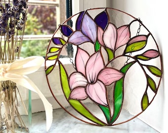 Freesia flower Stained Glass Panel, purple and pink flower Window, Сircle window garden decor