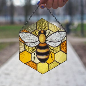 Stained Glass Window Hanging Honeybee Honeycomb Flowe Deco