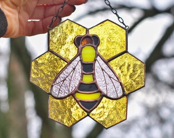 Honey Bee stained glass Suncatcher honeybee window hanging honeycomb glass ornament wall decor gift