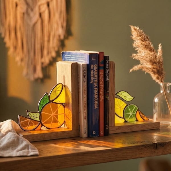 Citrus Stained Glass Bookends, Colorful Fruit Kitchen Bookshelf Decor