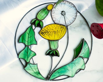 Dandelion Flower Stained Glass gift light catcher for window hanging