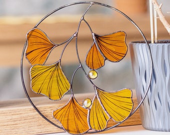 Fall Ginkgo biloba Stained glass autumn Leaves Sun catcher window hanging gift fall season decor