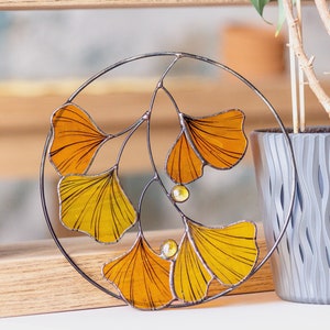 Fall Ginkgo biloba Stained glass autumn Leaves Sun catcher window hanging gift fall season decor