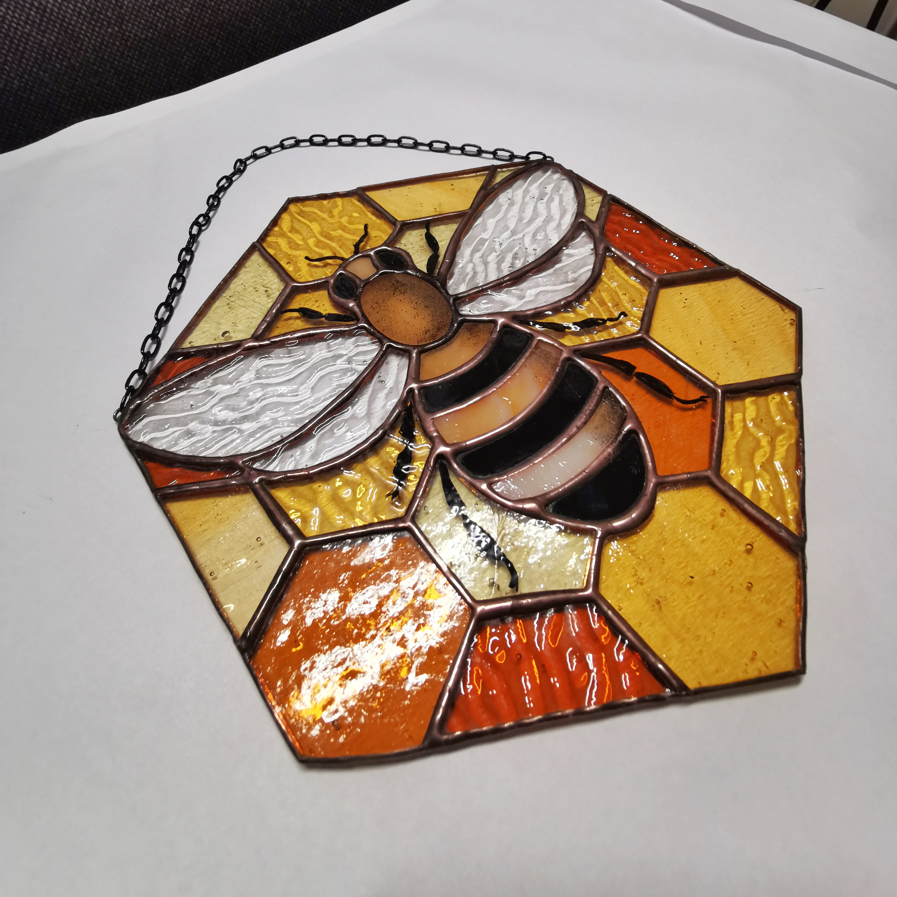 Stained Glass Sun Catcher Bright Yellow  Honeycomb with Queen Bee