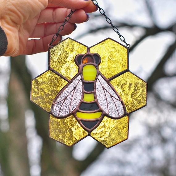 Stained Glass Window Hanging Honeybee Honeycomb Flowe Deco