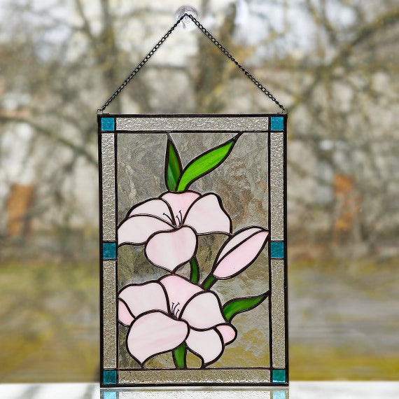 Lily Stained Glass Panel Flower Gift White Window Hanging Stained