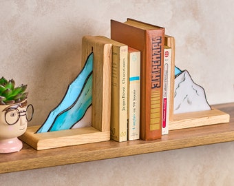 Stained Glass Mountain Bookend Set: Oak Wood Bookends, Nature
