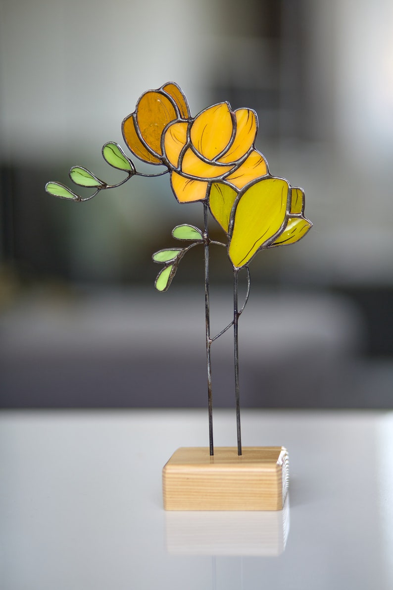 Stained Glass Freesia Flower Stand with Wooden Platform gift table top on the wooden plant desk decor image 5