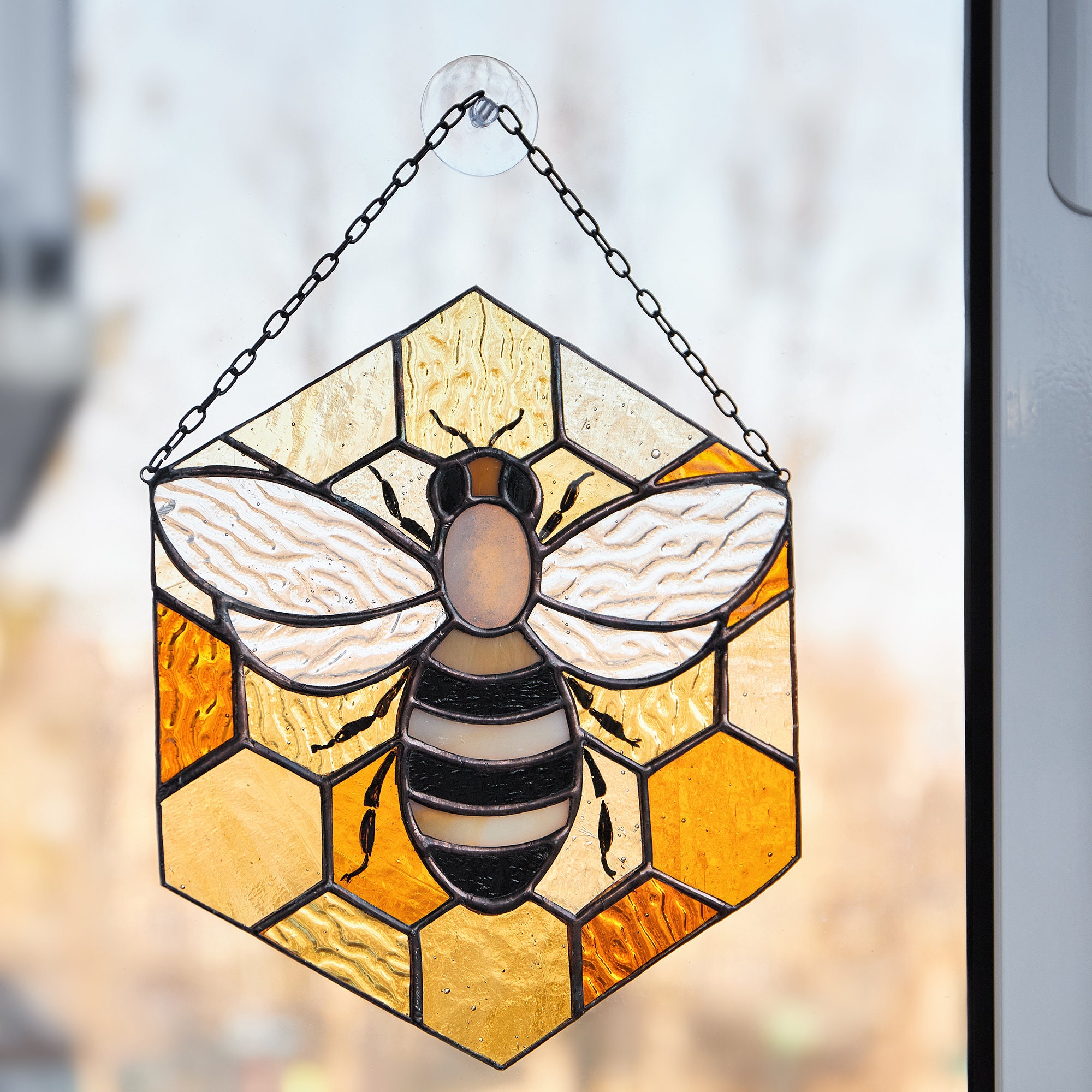 HAOSUM Bee Suncatcher Flower Stained Glass Window Hangings, Bee Decor Party Birthday Gifts for Women ,Bee lovers, Housewarming Gifts.