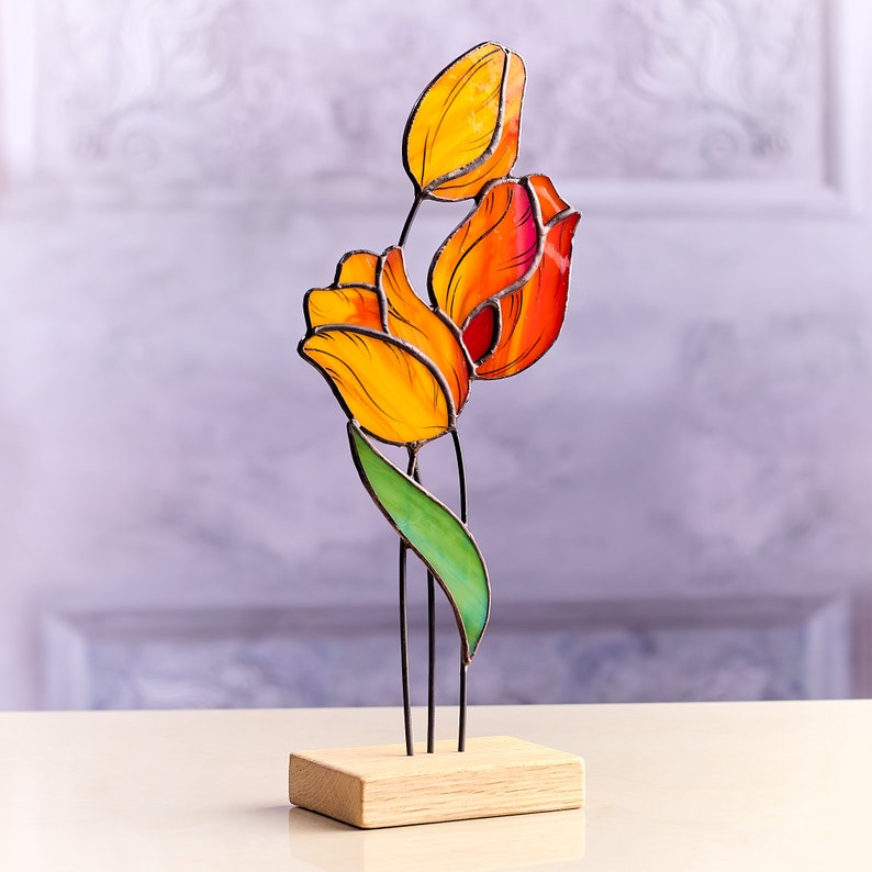 Tulip Stained Glass Tabletop Accent with Wooden Stand flower desk decor image 3