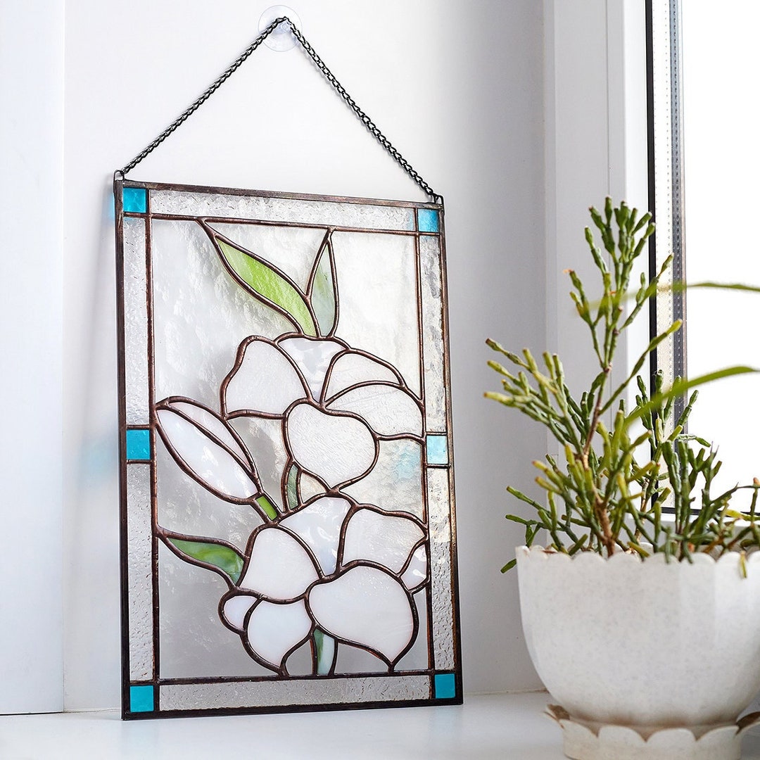Lily Stained Glass Panel Flower Gift White Window Hanging Stained