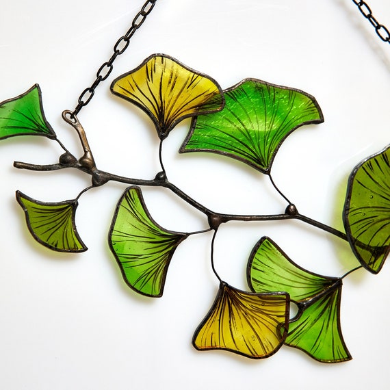 Ginkgo Leaf Stained glass sun catcher window hanging ginko biloba plant garden gift fensterdeko herbst