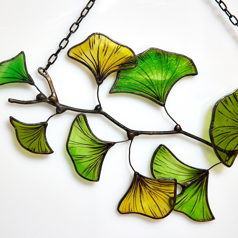 Ginkgo Leaf Stained glass sun catcher window hanging ginko biloba plant garden gift fensterdeko herbst image 1