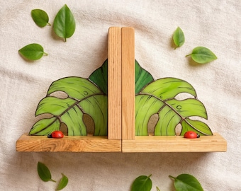 Monstera Blatt Glas Buchstützen, botanische Regal Dekor mit Marienkäfer