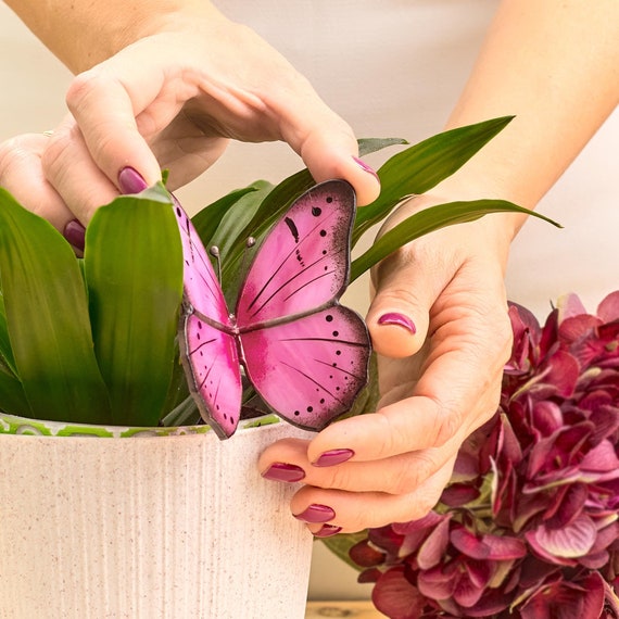 Stained Glass Pink Butterfly Plant Pot Decoration - Garden Ornament