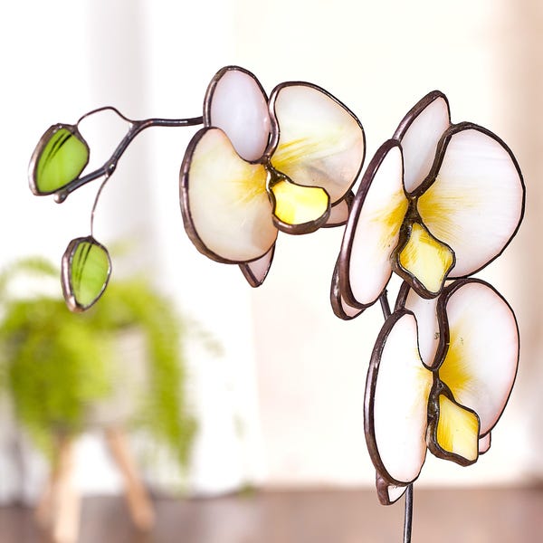 Stained Glass White Orchid Flower – Elegant Floral Decor, Tiffany Style Orchid Sculpture | Botanical Glass Art & Bloom Decor