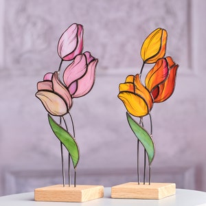 Tulip Stained Glass Tabletop Accent with Wooden Stand flower desk decor image 2