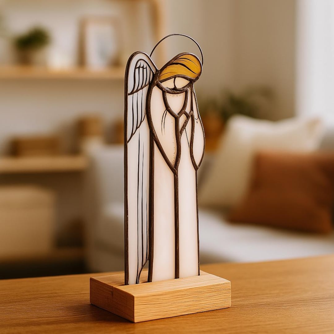 Guardian Angel Stained Glass Figurine on Wood Stand | Peaceful ...