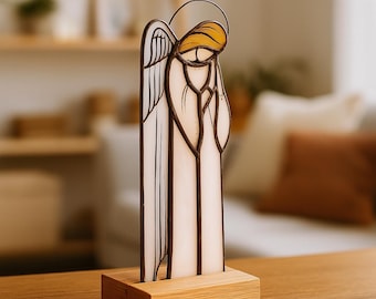 Stained Glass Guardian Angel Figurine: Handmade Religious Decor on Oak Stand