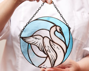 Swan Stained Glass window decor, Glass Sun catcher hanging swan and waves