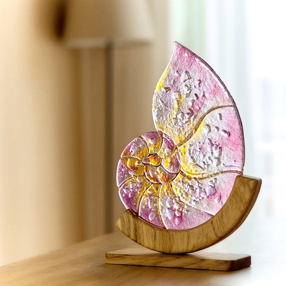 Fused Glass Nautilus Shell Sculpture With Textured Details