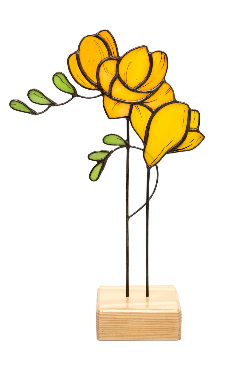 Stained Glass Freesia Flower Stand with Wooden Platform gift table top on the wooden plant desk decor image 6