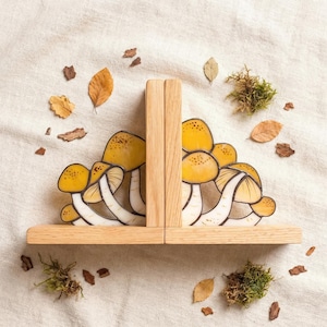 Honey Mushroom Stained Glass Bookends, Woodland Cottagecore Bookshelf Decor