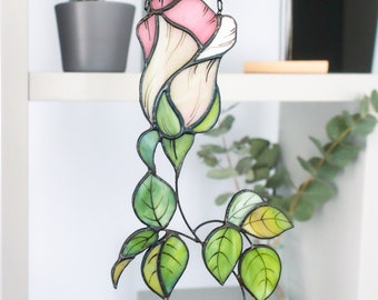 Rose fleur vitrail attrape-soleil floral vitrail suspendu décoration cadeau pour amateur de plantes rose branche feuille