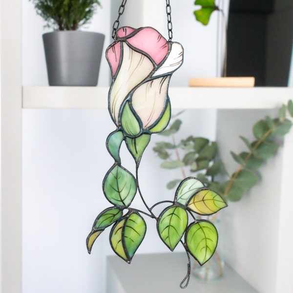Rosen-Blumen-Buntglas-Sonnenfänger Blumen-Stain-Glas-Fensterbehang-Dekor-Geschenk für Pflanzenliebhaber Rosenzweig-Blatt