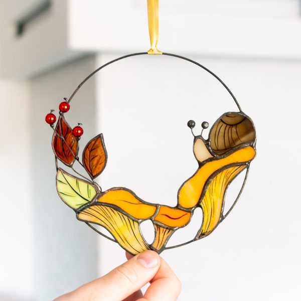 Chanterelles Mushrooms Stained Glass Window Hanging with small snail Sun-catcher decoration gift for nature lover autumn design