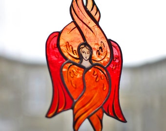 Seraphim Stained glass Suncatcher,Cherubim window hanging, wall decor, religious gift, serafin six wing angel