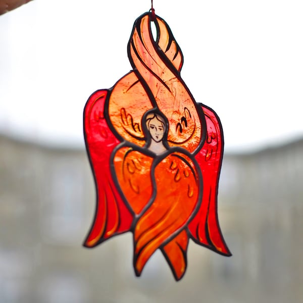 Seraphim Stained glass Suncatcher,Cherubim window hanging, wall decor, religious gift, serafin six wing angel