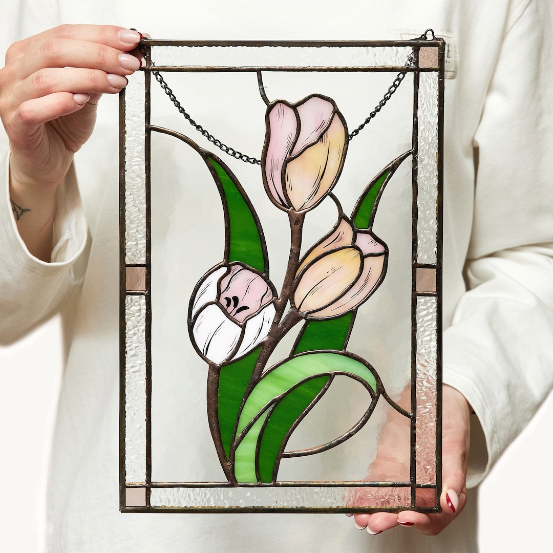 Tulip Stained Glass Panel Flower Gift 6 Colors Window Hanging Stained