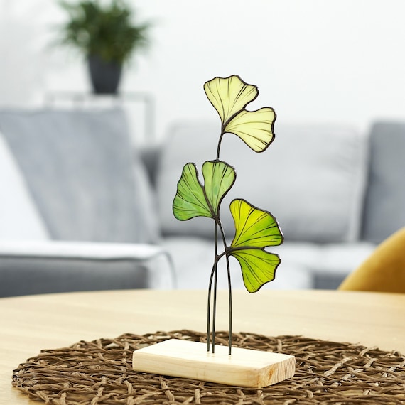 Ginkgo Leaf Stained Glass Table Stand on the Wooden Platform