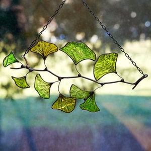 Ginkgo Leaf Stained glass sun catcher window hanging ginko biloba plant garden gift fensterdeko herbst image 5