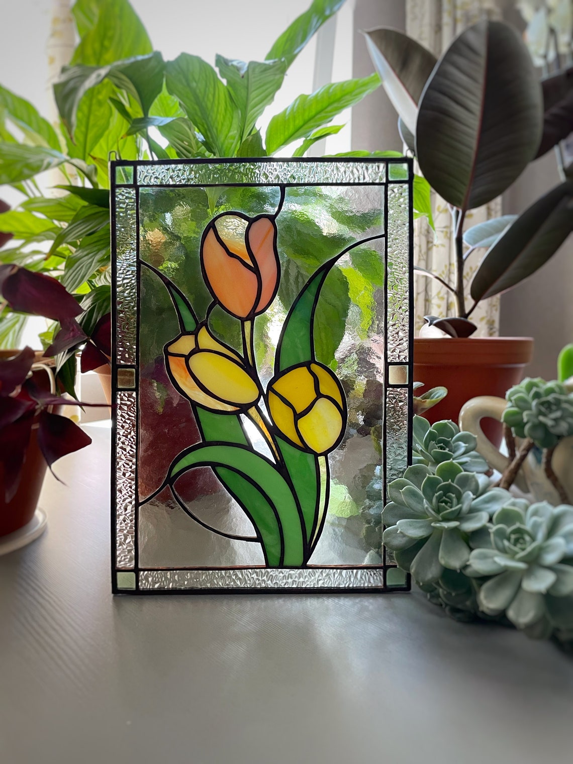 Tulip Stained Glass Panel Flower Gift 6 Colors Window Hanging Etsy