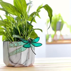 May include: A decorative, stained-glass dragonfly in shades of teal and black, perched in a potted plant. The dragonfly has a delicate, detailed design and is set against a backdrop of lush green leaves and a marble-effect planter.