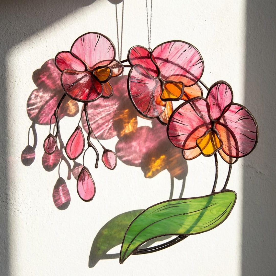 Pink Red Orchid Window Decor, Stained Glass Floral Suncatcher