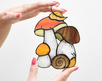 Stained Glass Mushrooms and Snail Suncatcher – Woodland Window Decor