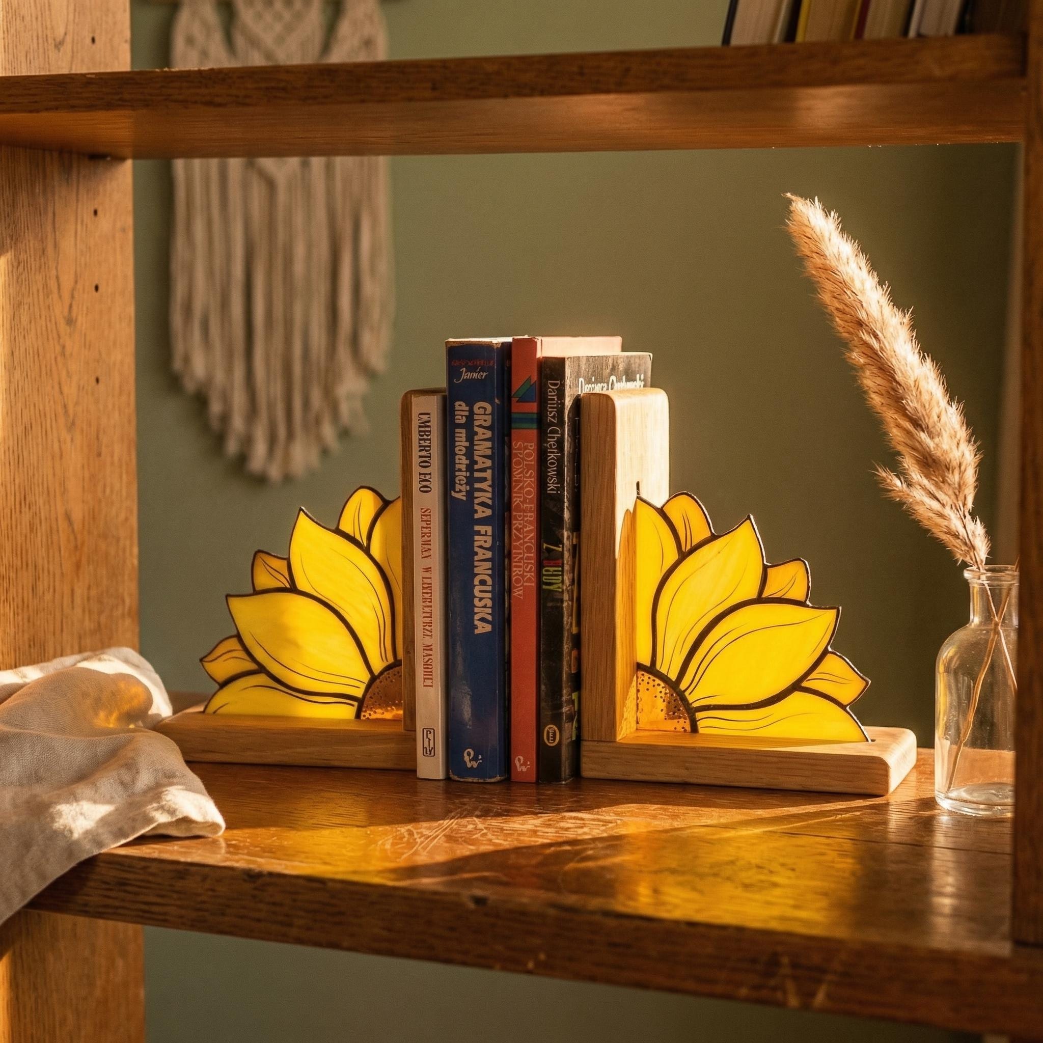 Sunflower Stained Glass Bookends With Oak Base, Floral Bookshelf
