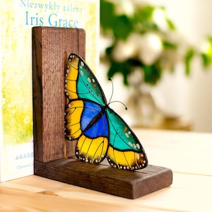 Stained Glass Euphaedra Butterfly Bookend | Oak Wood Bookshelf Decor | Nature-Inspired Gift for Book Lovers