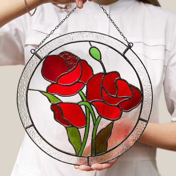 ステンドグラス　パネル　【ポピー】 Stained Glass Window Panel--california Poppies Geometric- 21
