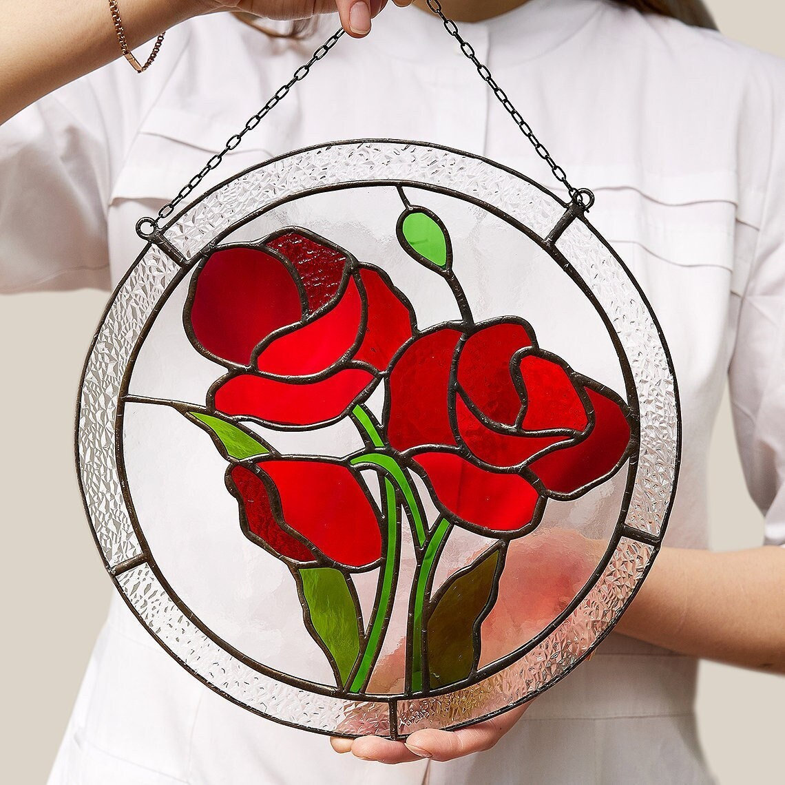 ステンドグラス　パネル　【ポピー】 Poppy Flower Stained Glass Panel Red flower Stain glass