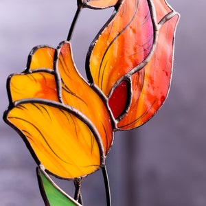 Tulip Stained Glass Tabletop Accent with Wooden Stand flower desk decor image 5