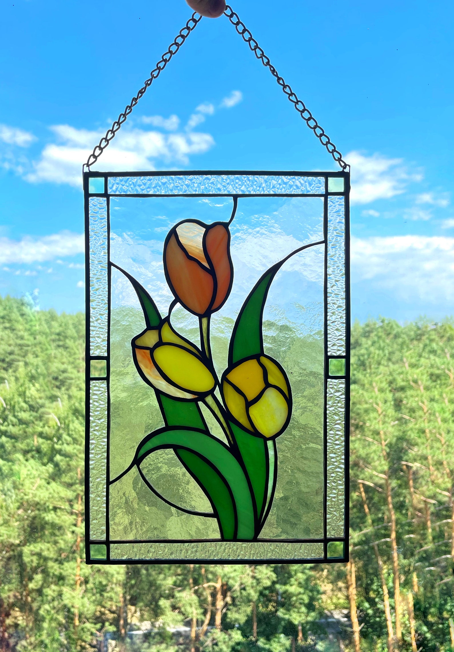 Tulip Stained Glass Panel Flower Gift 6 Colors Window Hanging Etsy