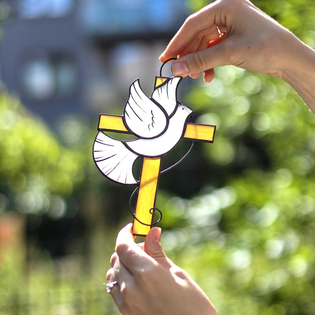 Stained Glass Cross With White Dove – Religious Window Hanging, Peace ...