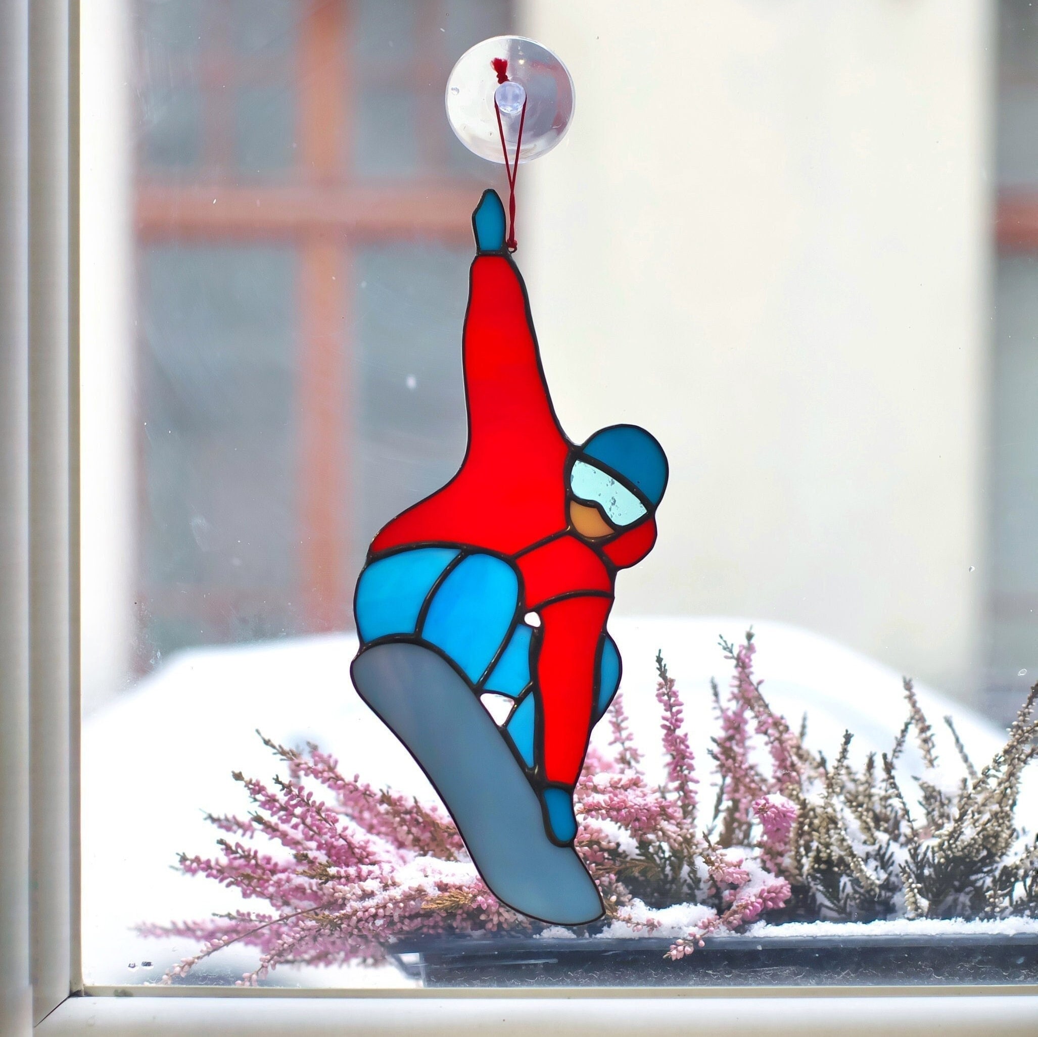 Snowboarder Stained Glass Window decor, Snowboard wall hanging, Ski sun catcher