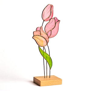 Tulip Stained Glass Tabletop Accent with Wooden Stand flower desk decor Pink