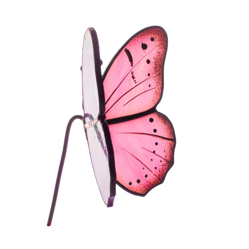 Puede incluir: Una mariposa decorativa con alas rosas y blancas, y puntos negros. La mariposa tiene un tallo morado oscuro. Las alas son transl&uacute;cidas, permitiendo el paso de la luz. Es un art&iacute;culo decorativo.